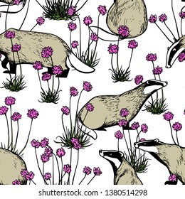 Vector seamless pattern with hand drawn badgers in pink flowers made with ink. Beautiful animal design elements, perfect for prints and patterns