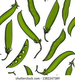 Vector seamless pattern with hand drawn green pea pods. Beautiful food design elements, ink drawing perfect for prints and patterns