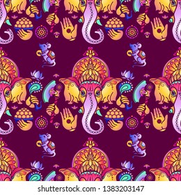 Vector seamless pattern of hand drawn Hindu God Ganesha and Indian symbols isolated on purple background. Beautiful Ornament of Ganesh. Bright festive Vector illustration.