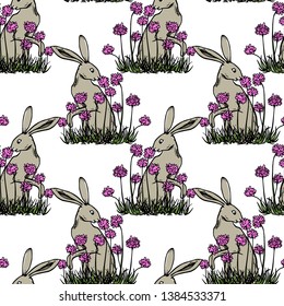 Vector seamless pattern with hand drawn cute hares smelling pink flowers made with ink. Perfect design elements, beautiful animal illustration