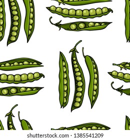 Vector seamless pattern with hand drawn green pea pods. Beautiful food design elements, ink drawing. Perfect for prints and patterns