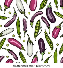Vector seamless pattern with hand drawn eggplants and green pea pods. Beautiful food design elements, ink drawing. Perfect for prints and patterns