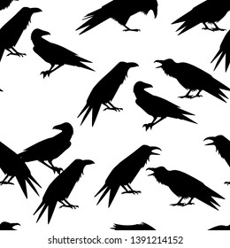 Vector seamless pattern with hand drawn silhouettes  of  raven. Ink drawing, graphic style. Beautiful animal design elements, perfect for prints and patterns