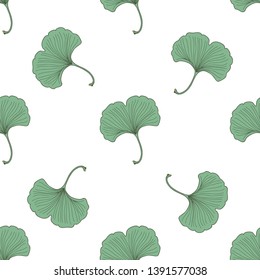 Vector seamless pattern with hand drawn vintage leaves and branch of ginkgo biloba. 
