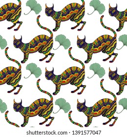 Vector seamless pattern with hand drawn vintage leaves and branch of ginkgo biloba and  ornamental cats.