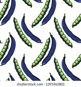 Vector seamless pattern with hand drawn blue shelling pea pods. Beautiful food design elements, ink drawing. Perfect for prints and patterns