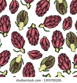 Vector seamless pattern with hand drawn Fiesole artichokes. Beautiful food design elements, perfect for prints and patterns