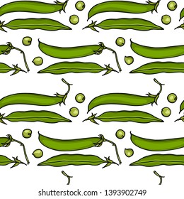 Vector seamless pattern with hand drawn green pea pods. Beautiful food design elements, ink drawing. Perfect for prints and patterns
