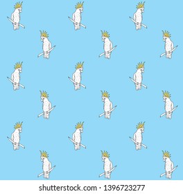 Vector seamless pattern of hand drawn doodle sketch white cockatoo parrot isolated on pastel blue background 