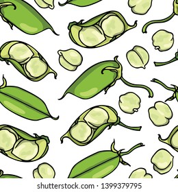 Vector seamless pattern with hand drawn chickpea pods and seeds. Beautiful food design elements, ink drawing, perfect for prints and patterns