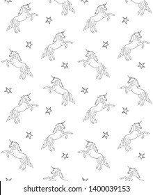 Vector seamless pattern of hand drawn doodle sketch unicorn and stars isolated on white background 