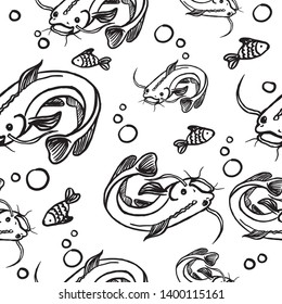 Vector seamless pattern hand drawn fish. Retro background with seafood tilapia, ocean perch, sardine, anchovy, sea bass, dorado and etc.