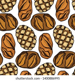 Vector seamless pattern with hand drawn traditional German rustic bread. Ink drawing, graphic style. Beautiful food design elements.