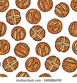 Vector seamless pattern with hand drawn traditional German pretzel buns. Ink drawing, graphic style. Beautiful food design elements.
