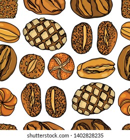 Vector seamless pattern with hand drawn traditional German bread. Ink drawing, graphic style. Beautiful food design elements.