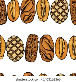 Vector seamless pattern with hand drawn traditional German bread. Ink drawing, graphic style. Beautiful food design elements.