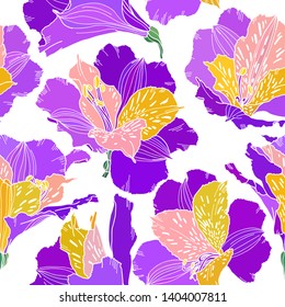 Vector seamless pattern with hand drawn plants. Botanical background with flowers, leaves and branches. Alstroemeria hand drawn bright multi color flowers on white background.