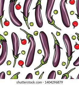 Vector seamless pattern with hand drawn eggplants, cherry tomatoes and green pea seeds. Beautiful food design elements, ink drawing. Perfect for prints and patterns