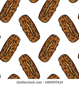 Vector seamless pattern with hand drawn traditional German multi-grain bread. Ink drawing, graphic style. Beautiful food design elements.
