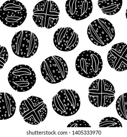 Vector seamless pattern with hand drawn traditional German pretzel buns. Ink drawing, graphic style. Beautiful food design elements.