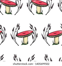 Vector seamless pattern with hand drawn wild mushrooms in floral wreath. Ink drawing, beautiful food design elements.