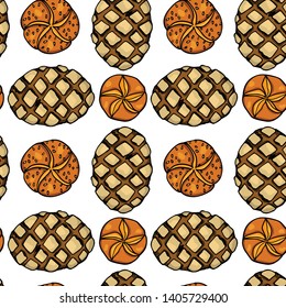 Vector seamless pattern with hand drawn traditional German bread. Ink drawing, graphic style. Beautiful food design elements.