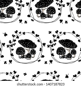 Vector seamless pattern with hand drawn poisonous wild fungus Amanita in floral wreath. Ink drawing, graphic style. Beautiful design elements.