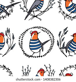 Vector seamless pattern with hand drawn cute robins in traditional Parisian outfit in floral wreath. Ink drawing, funny illustration,  beautiful animal design elements.