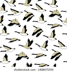 Vector seamless pattern with hand drawn wild geese on blue background. Beautiful animal design elements, ink drawing.