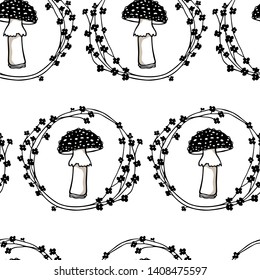 Vector seamless pattern with hand drawn poisonous wild fungus Amanita in floral wreath. Ink drawing, graphic style. Beautiful design elements.