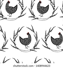 Vector seamless pattern with hand drawn black speckled hens in floral wreath. Beautiful ink drawing, heavy contour, abstract design elements. Perfect elements for food or farming design.