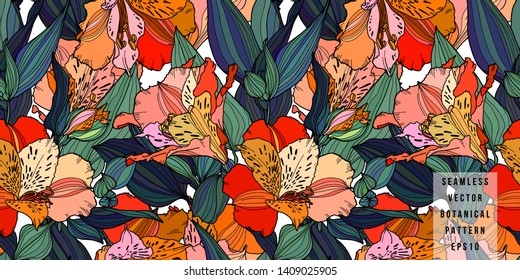 Vector seamless pattern with hand drawn plants. Summer botanical background. Alstroemeria hand drawn bright multi color flowers with leaves repeatable wallpaper.