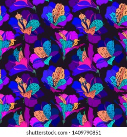 Vector seamless pattern with hand drawn plants. Summer botanical background. Alstroemeria hand drawn bright multi color flowers with leaves repeatable wallpaper.