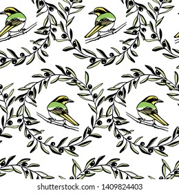 Vector seamless pattern with hand drawn cute hares in olive wreath made with ink. Perfect design elements, beautiful animal illustration