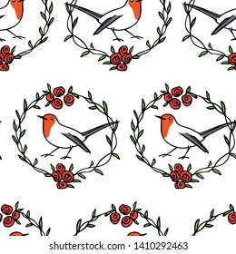 Vector seamless pattern with hand drawn cute robins in floral wreath. Ink drawing, beautiful animal design elements.