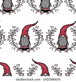 Vector seamless pattern with hand drawn cute nisse in striped high cap in barberry laurel. Ink drawing, funny illustration, beautiful Christmas design elements.