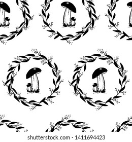 Vector seamless pattern with hand drawn wild mushrooms in floral wreath. Ink drawing, beautiful food design elements.