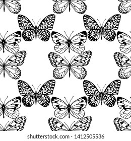 Vector seamless pattern with hand drawn butterflies. Graphic style, ink drawing. Beautiful design elements, perfect for prints and patterns