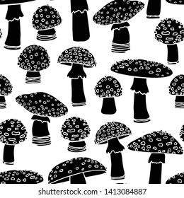 Vector seamless pattern with hand drawn poisonous wild fungus Amanita. Ink drawing, graphic style. Beautiful design elements, perfect for prints and patterns