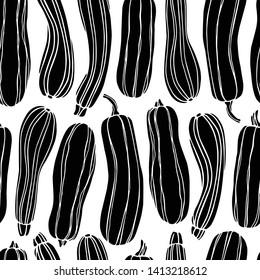 Vector seamless pattern with hand drawn squashes. Ink drawing, graphic style. Beautiful food design elements, linocut style