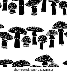 Vector seamless pattern with hand drawn poisonous wild fungus Amanita. Ink drawing, graphic style. Beautiful design elements, perfect for prints and patterns