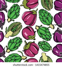 Vector seamless pattern with hand drawn eggplants and artichokes. Beautiful food design elements, ink drawing. Perfect for prints and patterns
