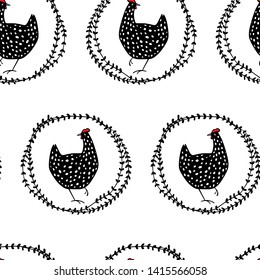 Vector seamless pattern with hand drawn black speckled hens in floral wreath. Beautiful ink drawing, heavy contour, abstract design elements. Perfect elements for food or farming design.