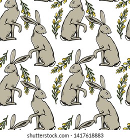 Vector seamless pattern with hand drawn cute hares with yellow flowers made with ink. Perfect design elements, beautiful animal illustration