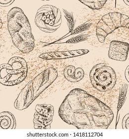 Vector seamless pattern with hand drawn bakery products and wheat. Perfect for design in vintage style.