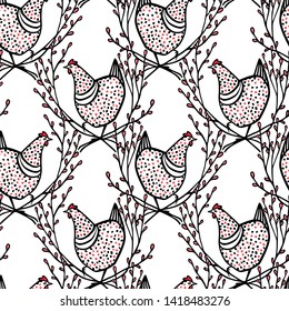 Vector seamless pattern with hand drawn chickens in floral wreath. Beautiful ink drawing, heavy contour, abstract design elements. Perfect elements for food or farming design.