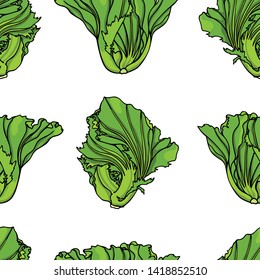 Vector seamless pattern with hand drawn Asian green Gai Choy. Ink drawing, beautiful vegetarian design elements.