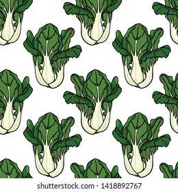 Vector seamless pattern with hand drawn Asian green Dwarf Bok Choy. Ink drawing, beautiful vegetarian design elements.