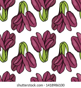 Vector seamless pattern with hand drawn Asian green Purple Bok Choy. Ink drawing, beautiful vegetarian design elements.