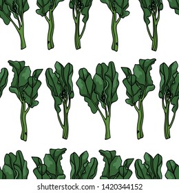 Vector seamless pattern with hand drawn Asian greens Chinese broccoli. Ink drawing, beautiful vegetarian design elements.
